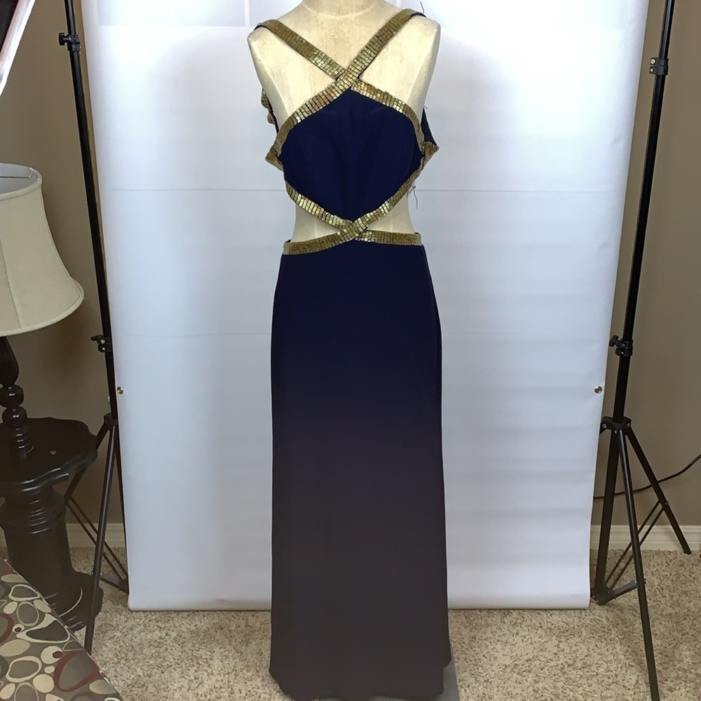 Joanna Chen navy with gold bead gown, Size 6 NWT - some beading work is needed